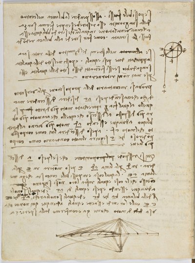 Código sobre el vuelo de los pájaros, c. 1505-06, manuscrito en papel, cc. 18, hoja 2 verso de Leonardo da Vinci